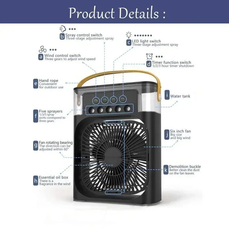 Mini Climatiseur 3-en-1 — Ventilateur + Humidificateur + Veilleuse LED | Rechargeable USB | CoolMove