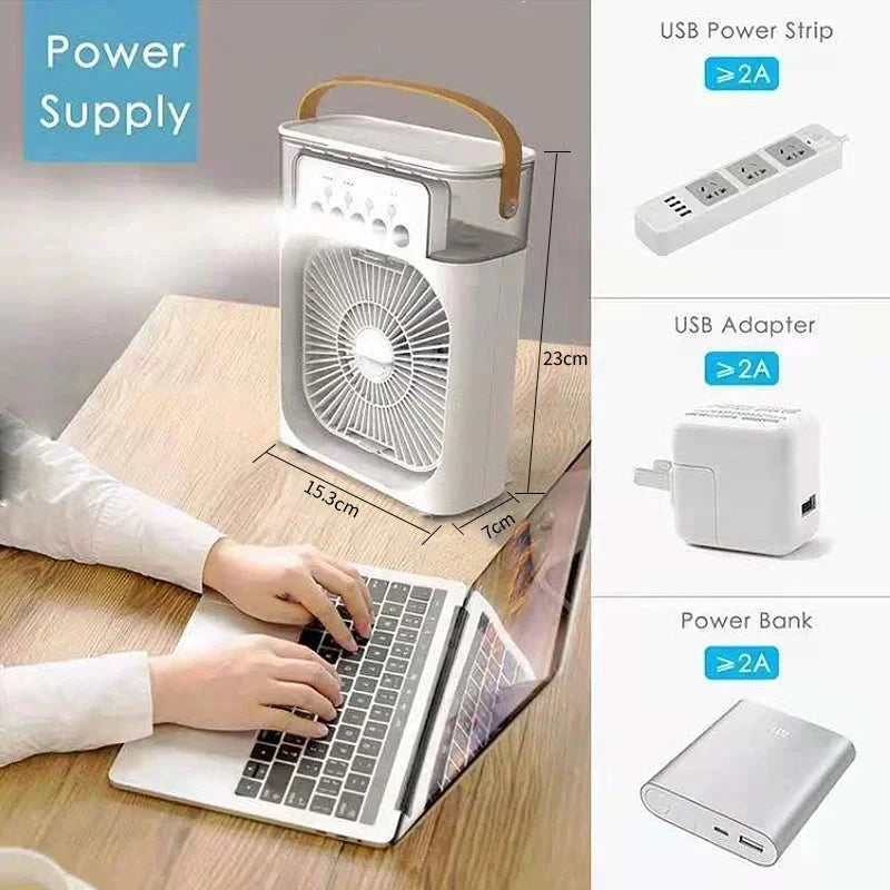 Mini Climatiseur 3-en-1 — Ventilateur + Humidificateur + Veilleuse LED | Rechargeable USB | CoolMove